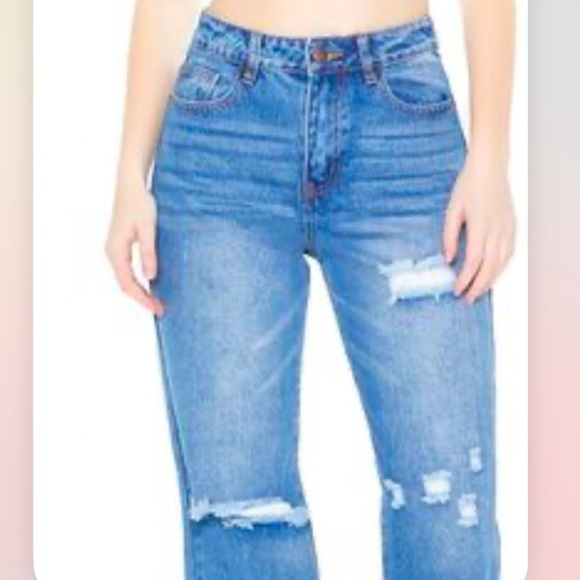 🔥NWT Forever 21 | Women’s medium blue denim distressed High Rise Wide Leg jeans - Picture 10 of 13